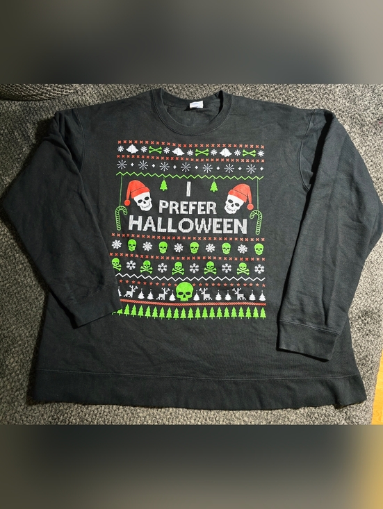 Port and Company Other - I Prefer Halloween Sweatshirt 2XL Black Ugly Christmas Sweater Skull Graphic